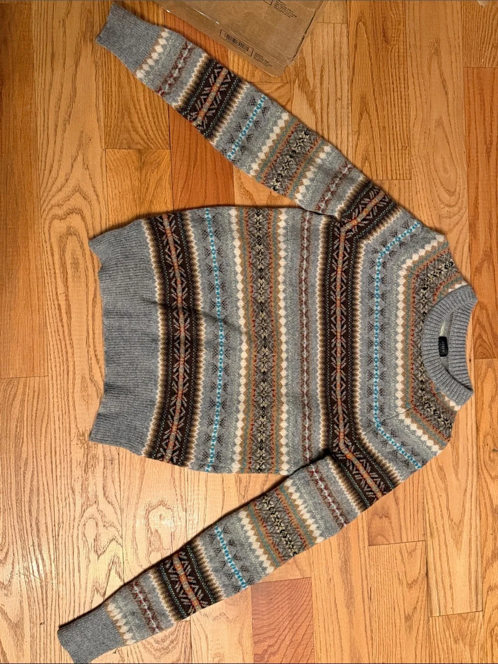 J. Crew wool Grey Fair Isle Crewneck Sweater with Multicolor Stripes